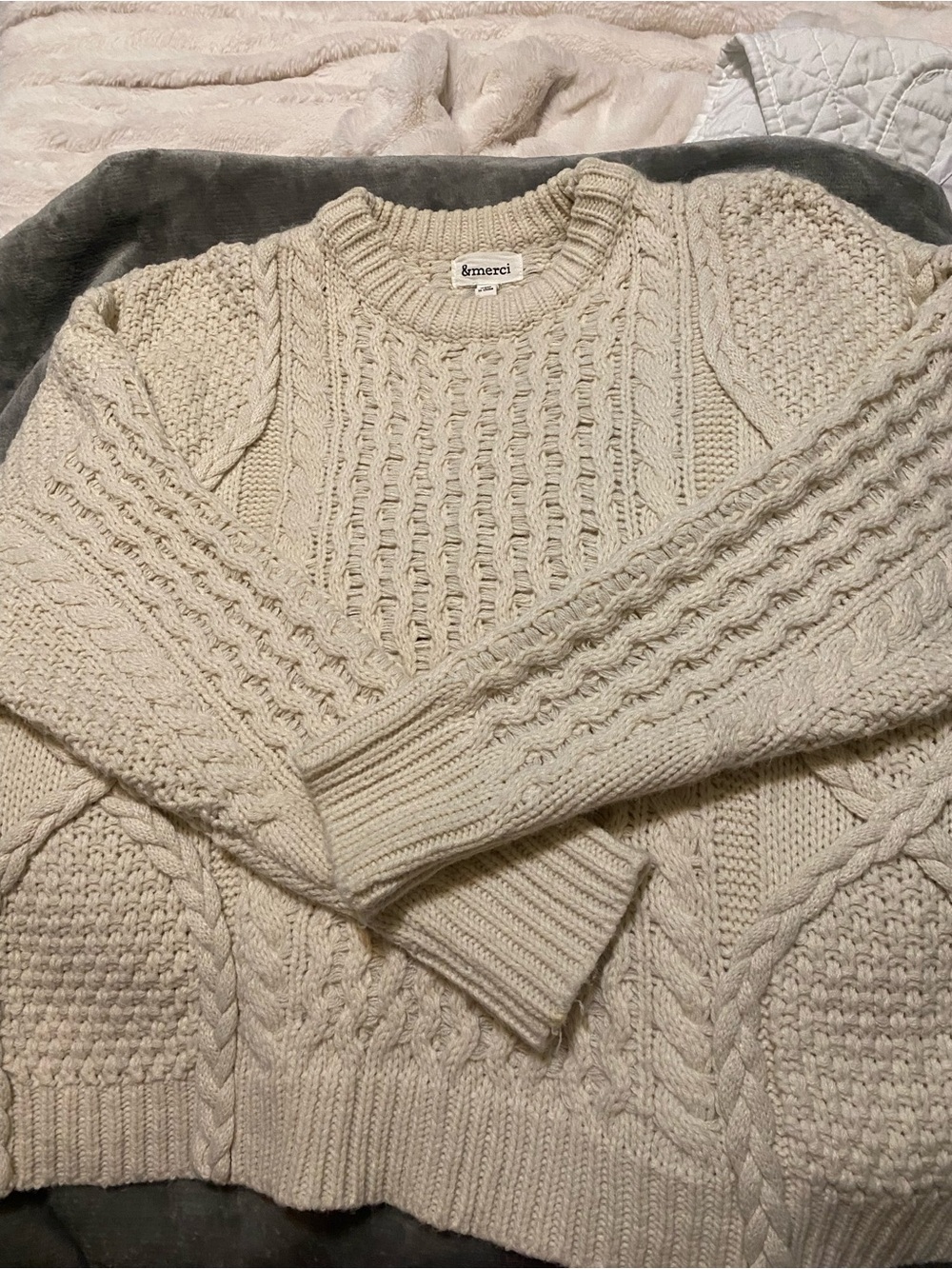 &merci Cream Cable-Stitch Crewneck Sweater